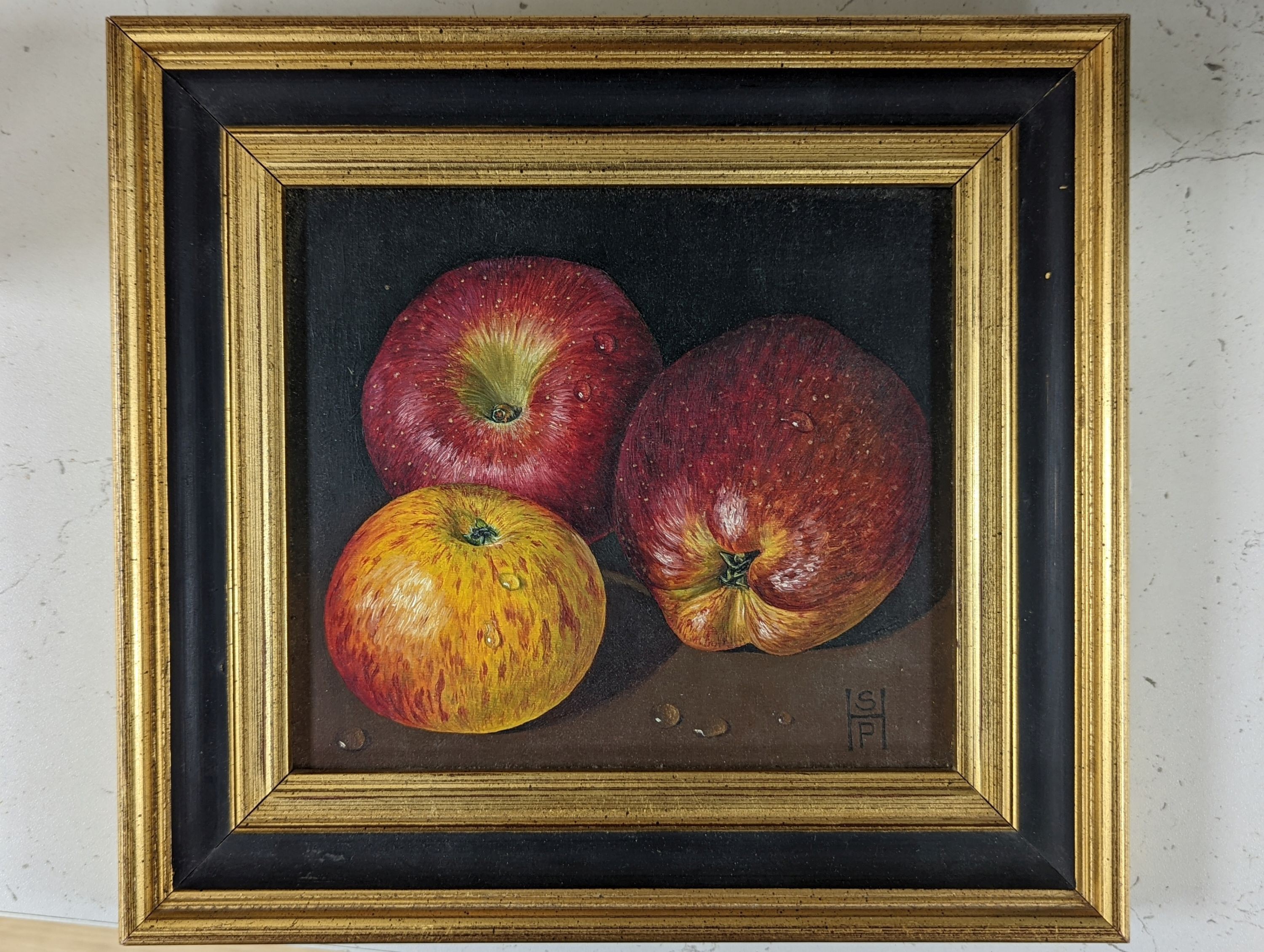 Susan Hearson, oil on board, Study of apples, monogrammed, 15 x 17cm